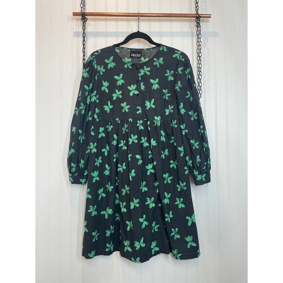 ASOS Pieces Floral Mini Smock Babydoll Dress in Black & Green Long Sleeve Size M - Picture 1 of 8